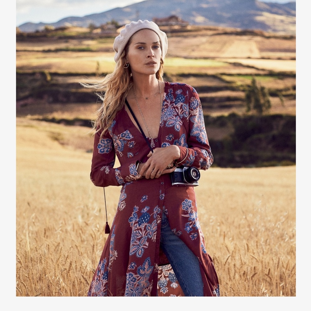 Free People Rust Floral Maxi Dress with Blue Accents